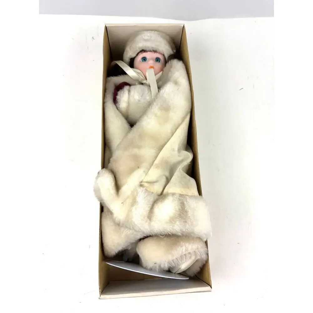 Vintage‎ Porcelain Doll in Red Dress and Hat 15” Winter Holiday With Stand